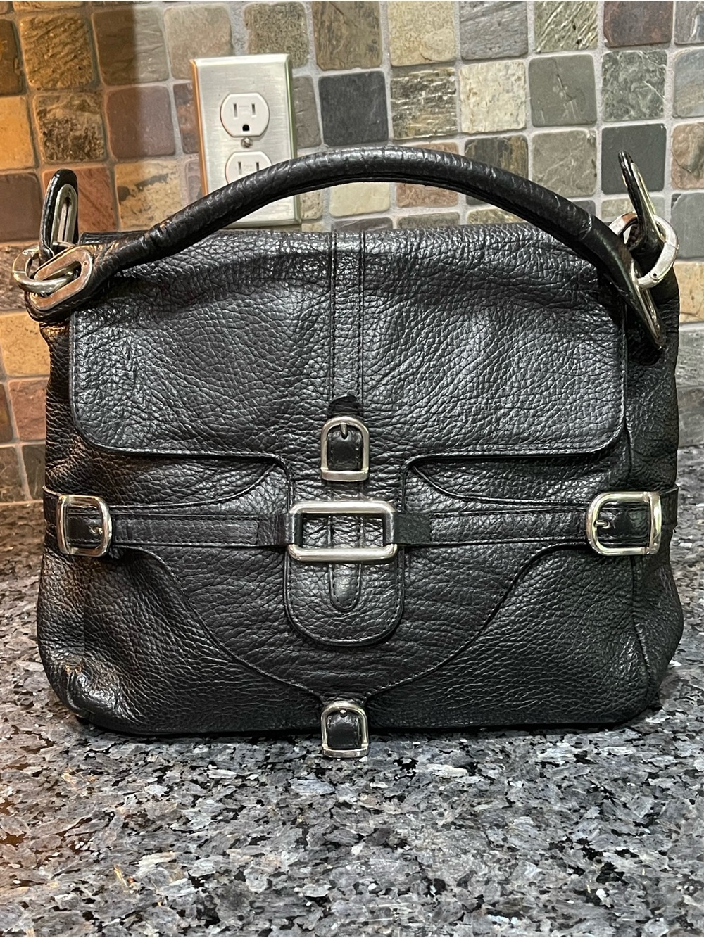 Luxury Guia’s Italian Black Pebbled Leather Satchel with Silver Hardware